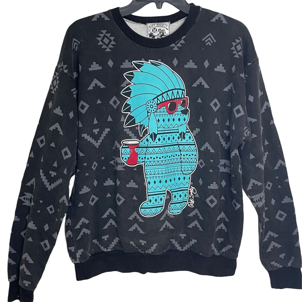 Riot Society Size M Crewneck Sweater Sweatshirt Black Aztec Print w Graphic
